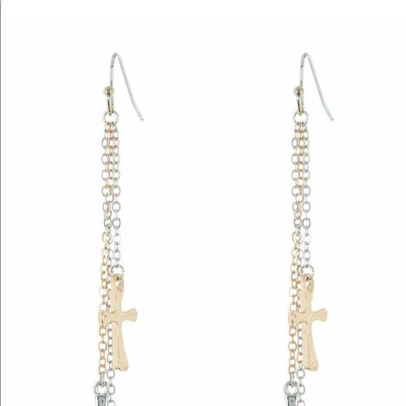 Mini Cross Triple‎ Layer Tri Tone Fringe Earrings - Picture 4 of 6